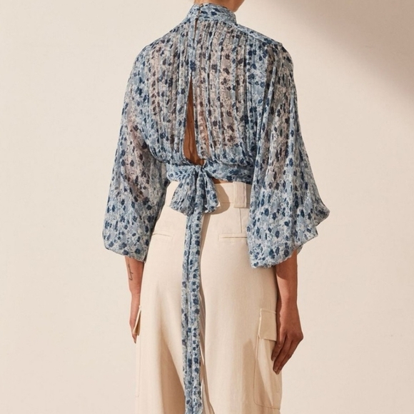 Shona Joy Francesca High Neck Balloon Sleeve Open Back Tie Crop Top Blouse 2 - Picture 4 of 16